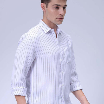 Men's White Slim Fit Striped Linen Casual Shirt