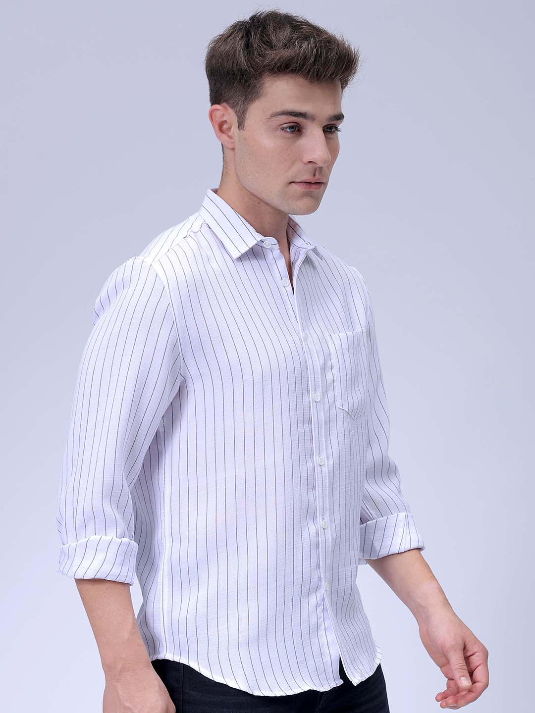 Men's White Slim Fit Striped Linen Casual Shirt