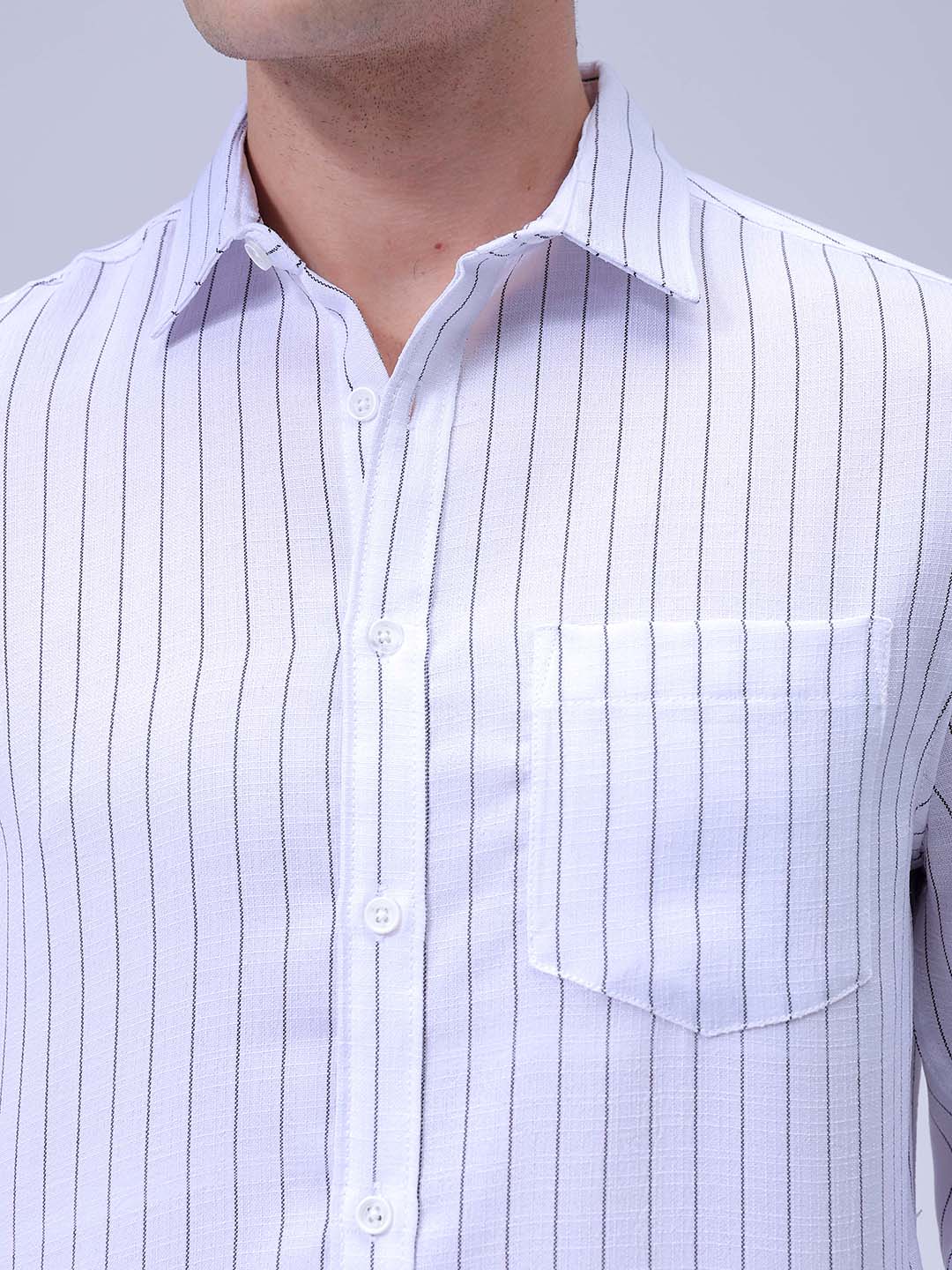 Men's White Slim Fit Striped Linen Casual Shirt