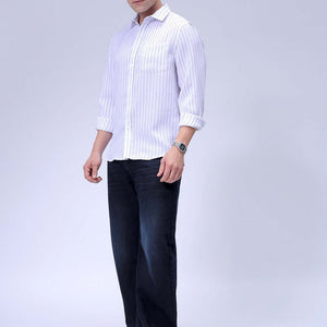 Men's White Slim Fit Striped Linen Casual Shirt