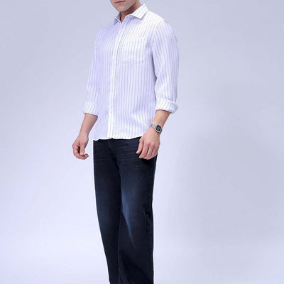 Men's White Slim Fit Striped Linen Casual Shirt