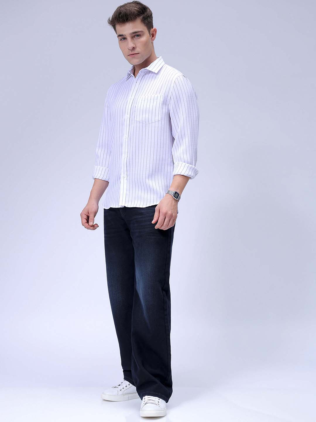 Men's White Slim Fit Striped Linen Casual Shirt
