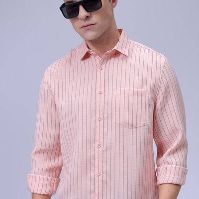 Men's Pink Slim Fit Striped Linen Casual Shirt