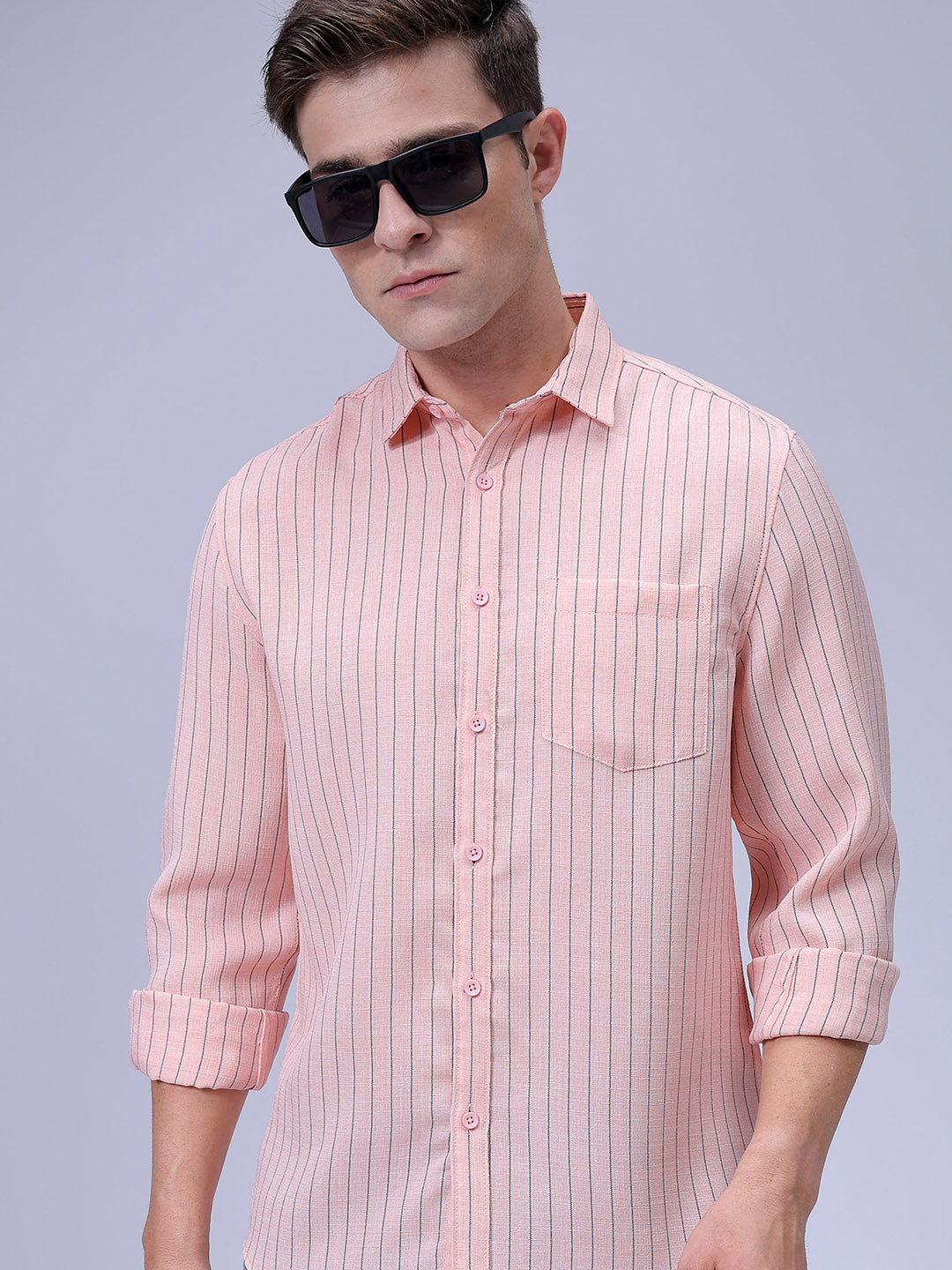 Men's Pink Slim Fit Striped Linen Casual Shirt
