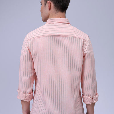 Men's Pink Slim Fit Striped Linen Casual Shirt
