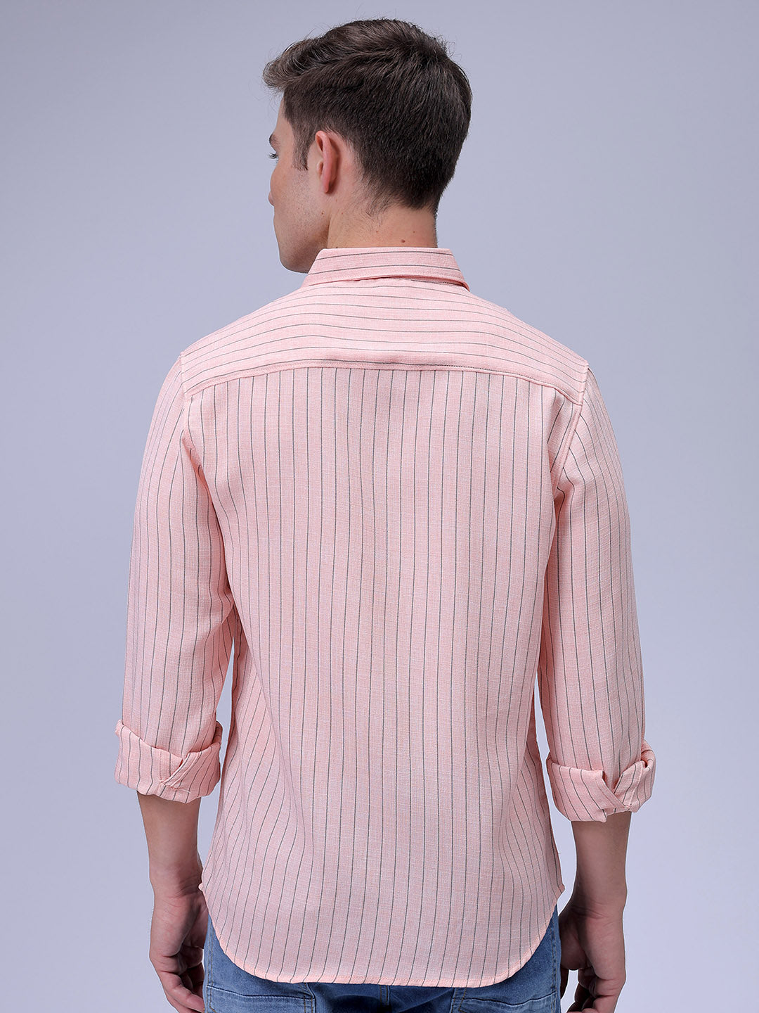 Men's Pink Slim Fit Striped Linen Casual Shirt