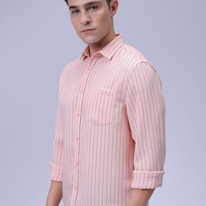 Men's Pink Slim Fit Striped Linen Casual Shirt