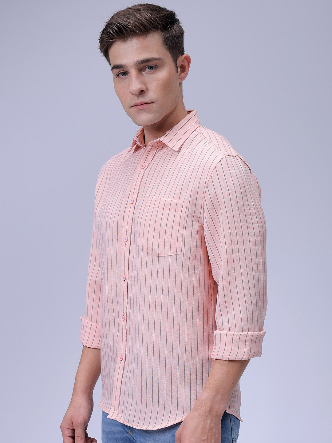 Men's Pink Slim Fit Striped Linen Casual Shirt