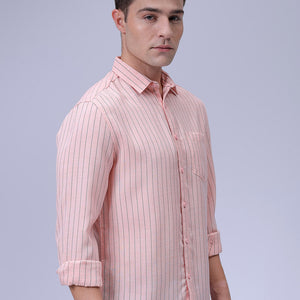 Men's Pink Slim Fit Striped Linen Casual Shirt