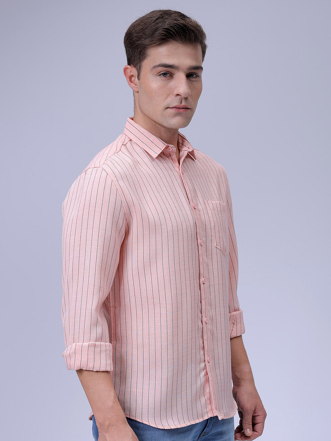 Men's Pink Slim Fit Striped Linen Casual Shirt
