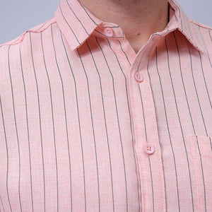 Men's Pink Slim Fit Striped Linen Casual Shirt