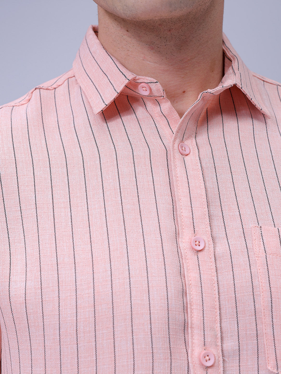 Men's Pink Slim Fit Striped Linen Casual Shirt