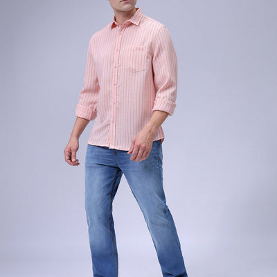Men's Pink Slim Fit Striped Linen Casual Shirt