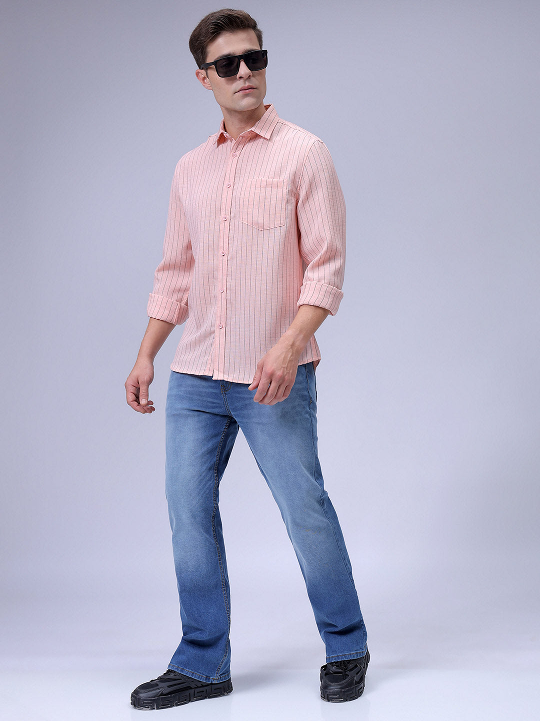 Men's Pink Slim Fit Striped Linen Casual Shirt