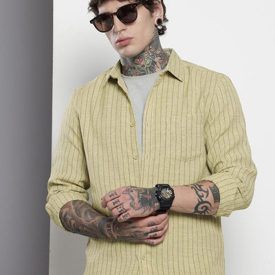 Men's Olive Slim Fit Striped Casual Shirt