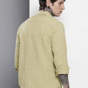 Men's Olive Slim Fit Striped Casual Shirt
