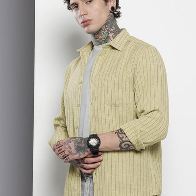 Men's Olive Slim Fit Striped Casual Shirt