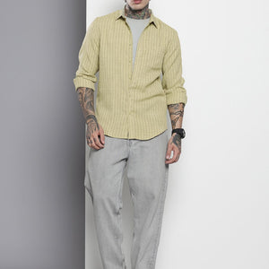 Men's Olive Slim Fit Striped Casual Shirt