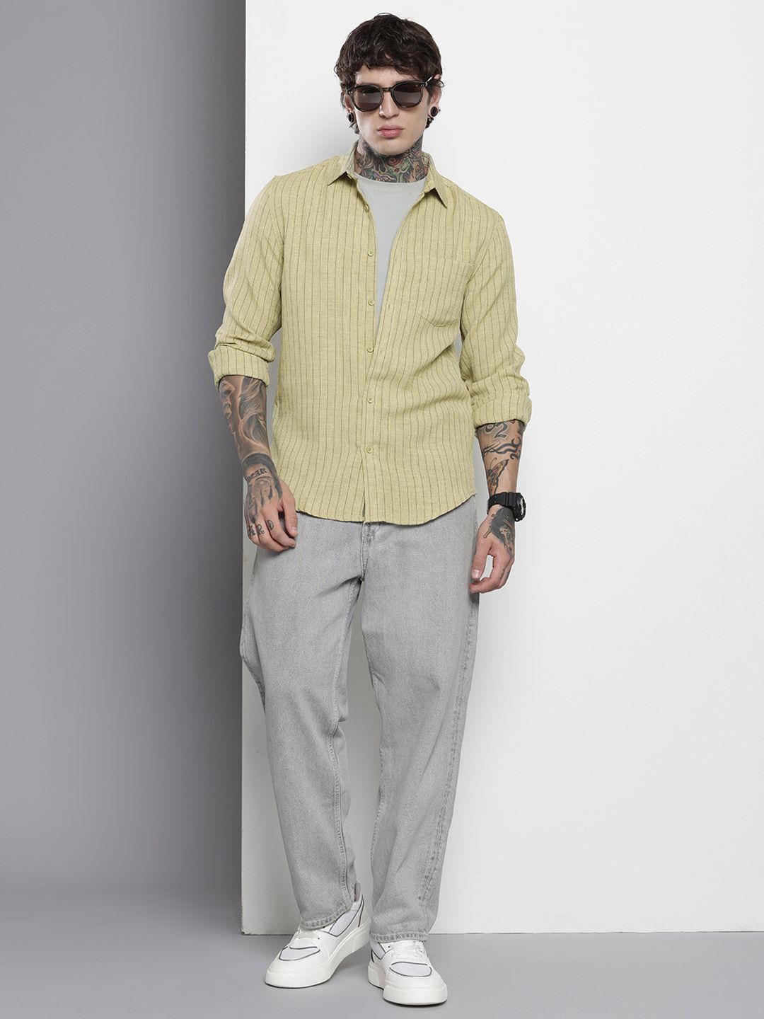 Men's Olive Slim Fit Striped Casual Shirt