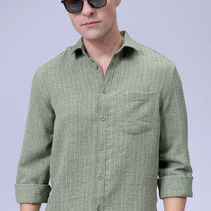 Men's Green Slim Fit Striped Linen Casual Shirt