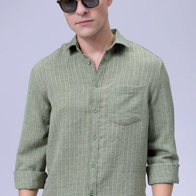 Men's Green Slim Fit Striped Linen Casual Shirt