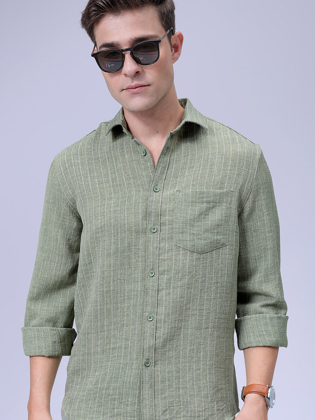 Men's Green Slim Fit Striped Linen Casual Shirt