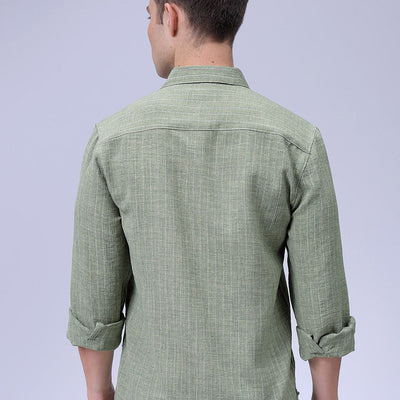 Men's Green Slim Fit Striped Linen Casual Shirt