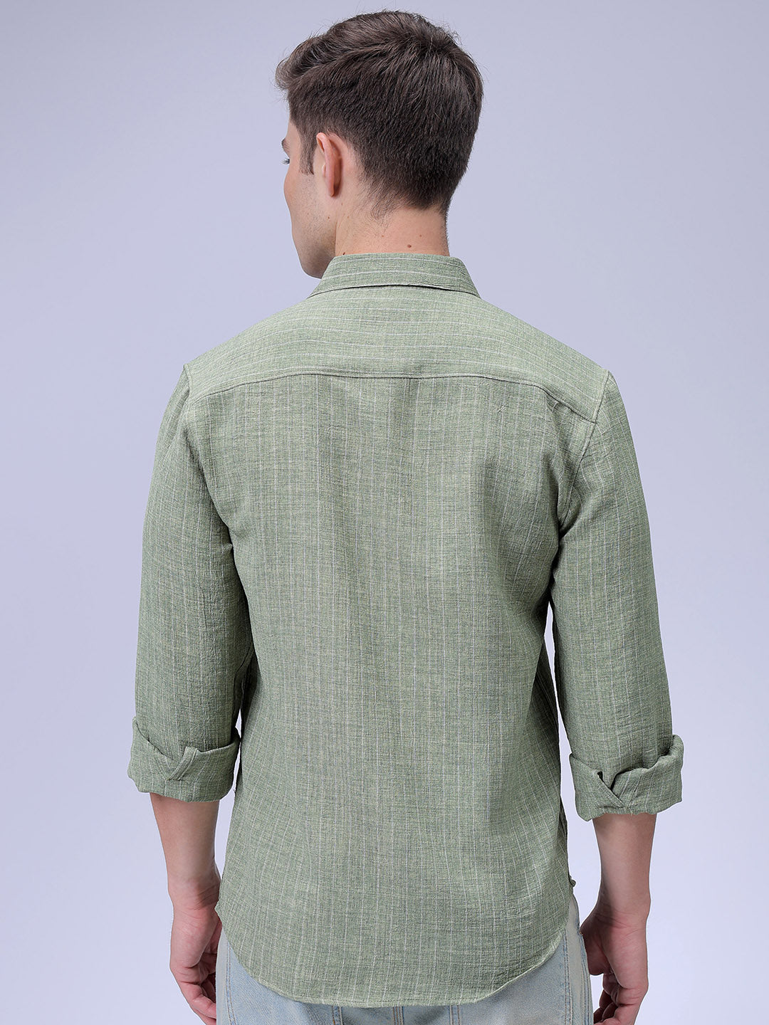 Men's Green Slim Fit Striped Linen Casual Shirt