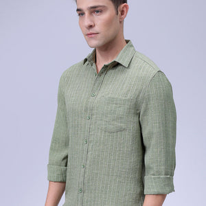 Men's Green Slim Fit Striped Linen Casual Shirt