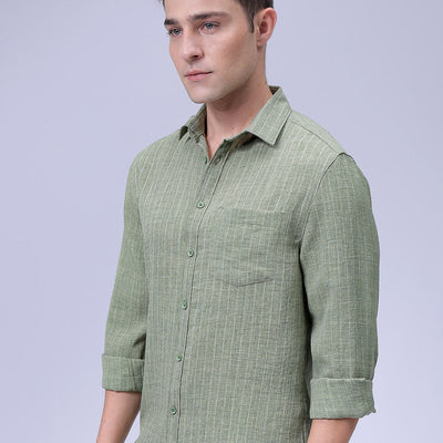 Men's Green Slim Fit Striped Linen Casual Shirt