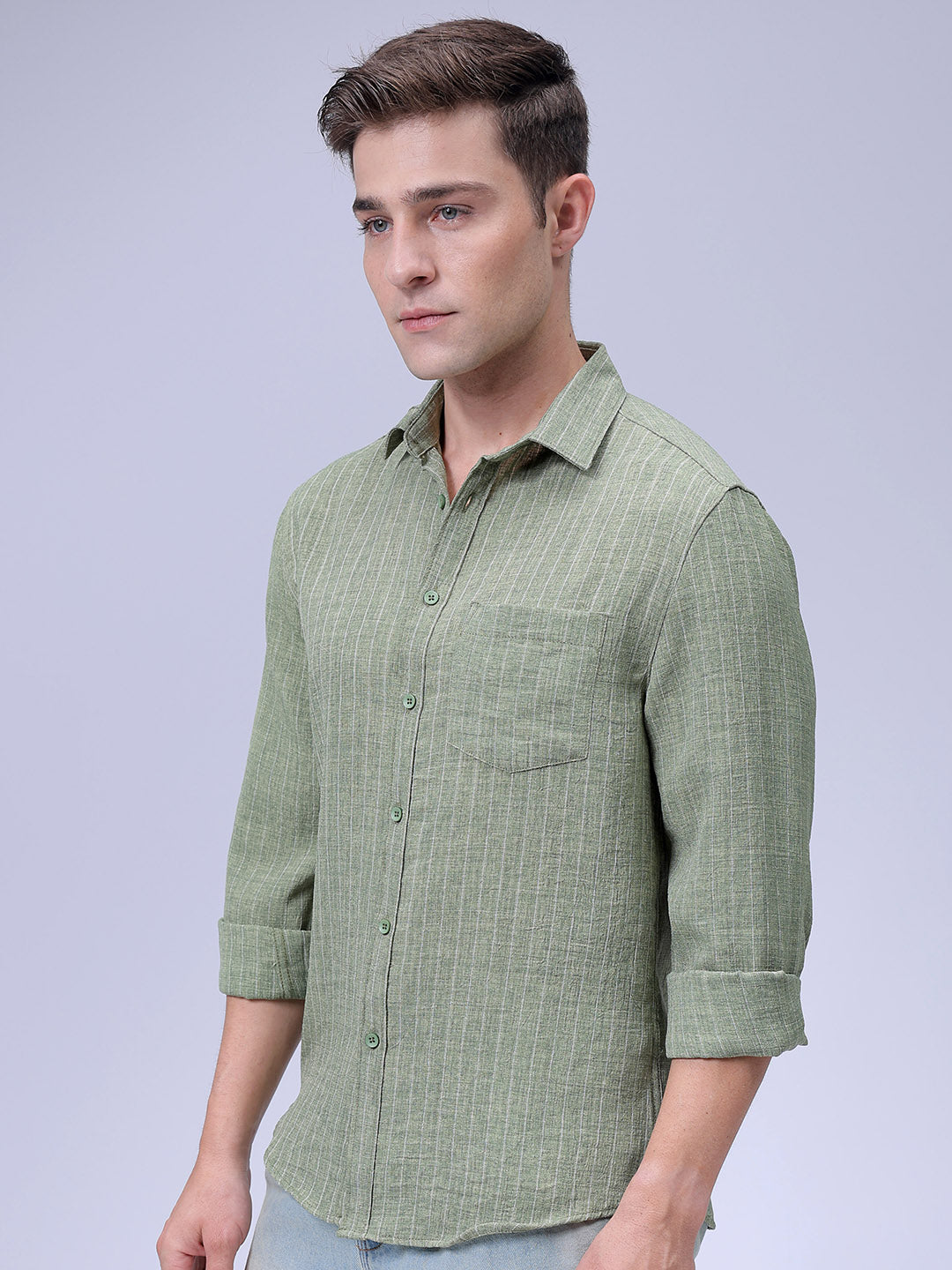 Men's Green Slim Fit Striped Linen Casual Shirt
