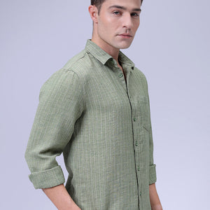 Men's Green Slim Fit Striped Linen Casual Shirt