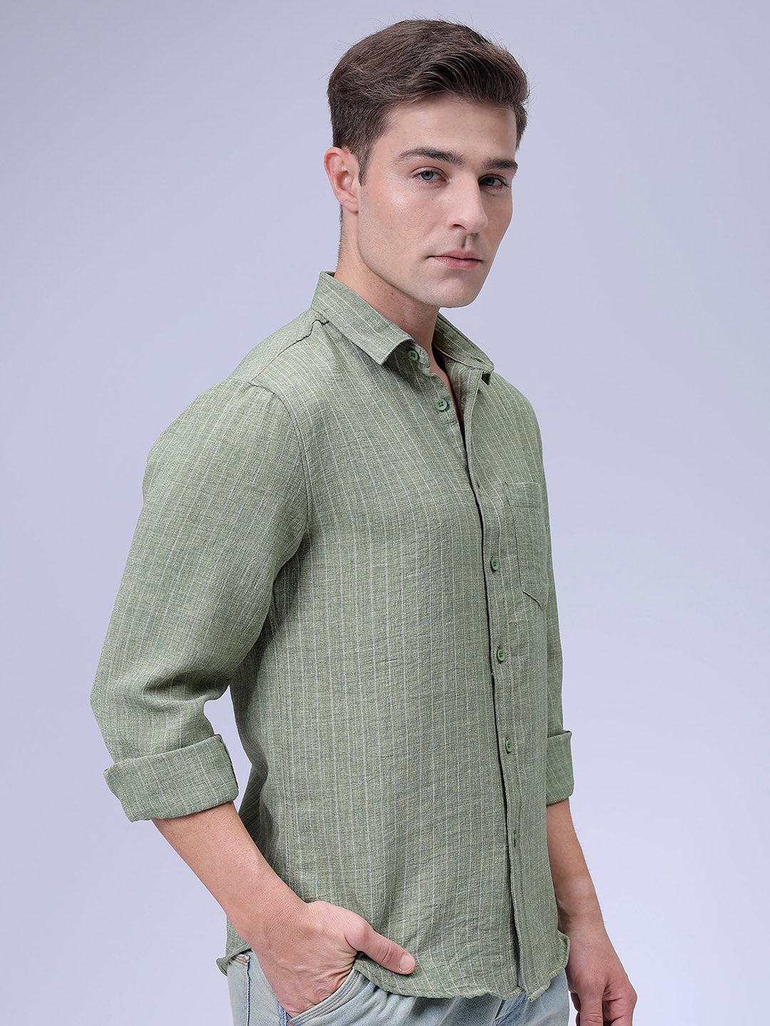 Men's Green Slim Fit Striped Linen Casual Shirt