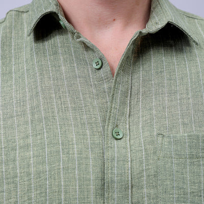 Men's Green Slim Fit Striped Linen Casual Shirt