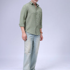 Men's Green Slim Fit Striped Linen Casual Shirt