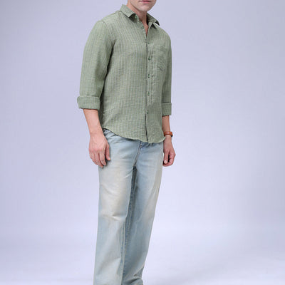 Men's Green Slim Fit Striped Linen Casual Shirt