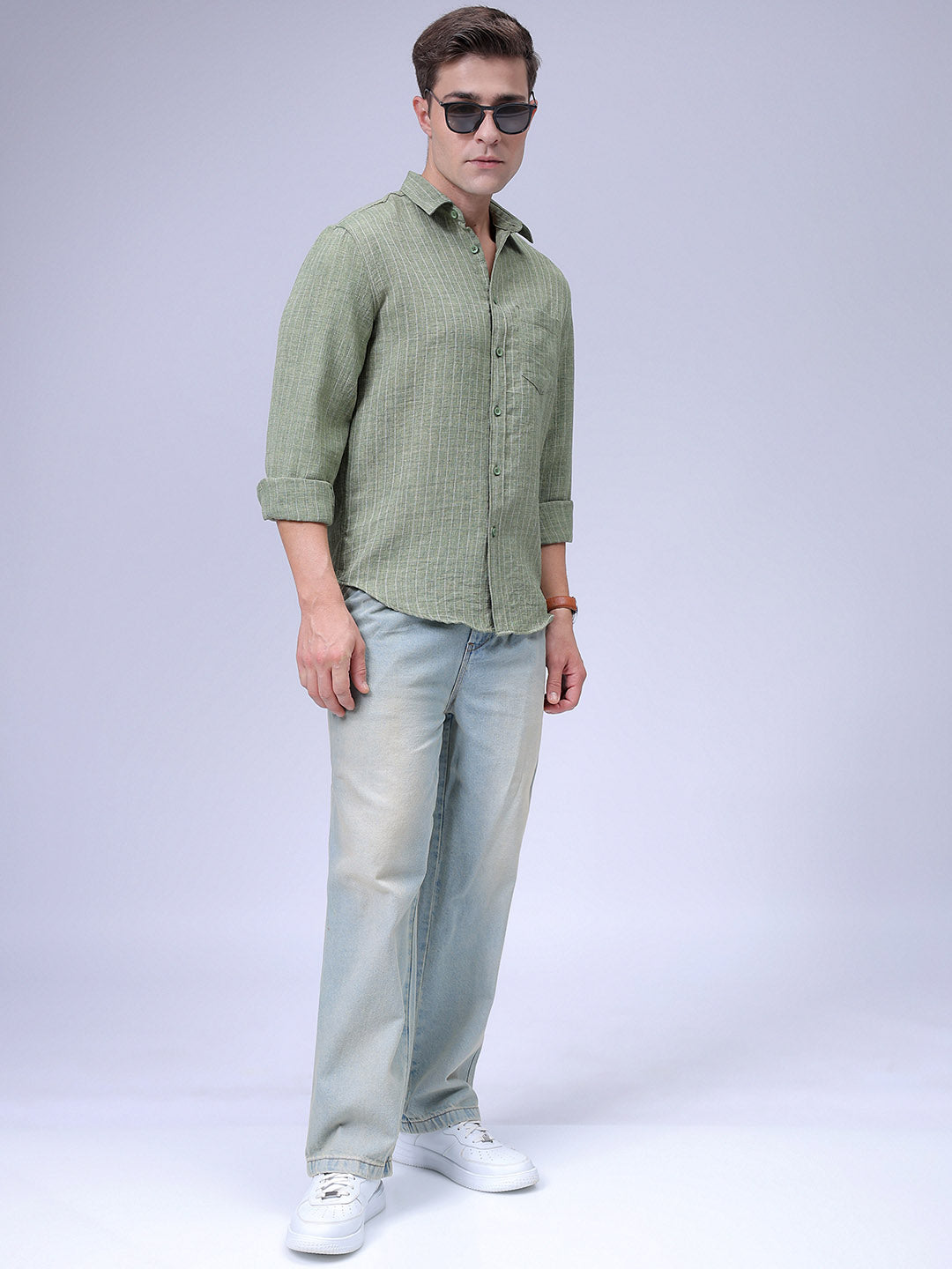 Men's Green Slim Fit Striped Linen Casual Shirt