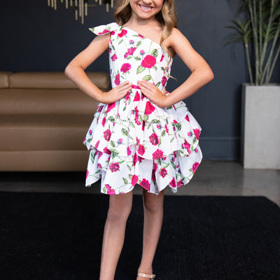 Girl's Print Short One Shoulder Dress by Rachel Allan 10241