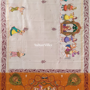 Red Mustard Yellow Marriage Theme Hand-Painted Pattachitra Saree