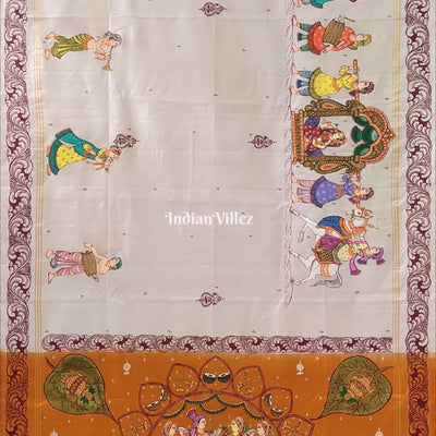 Red Mustard Yellow Marriage Theme Hand-Painted Pattachitra Saree