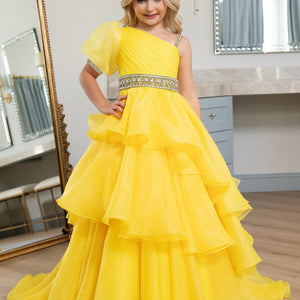 Girl's One Shoulder Tiered Gown by Rachel Allan 10260