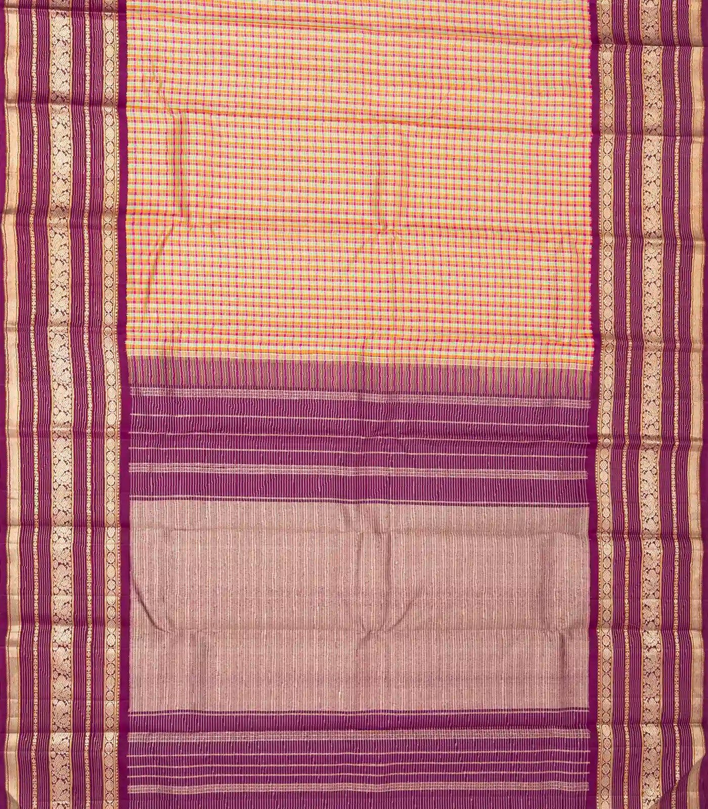 Multi Colour Handloom Kanchipuram Korvai Silk Saree With Checks