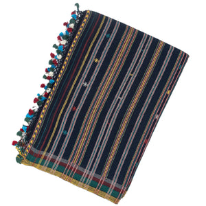 Midnight Blue Handloom Bhujodi Cotton Saree With Multi Stripes