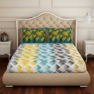 Geometric Teal - Blue 100% Cotton Double Bedsheet - Atrium By Spaces