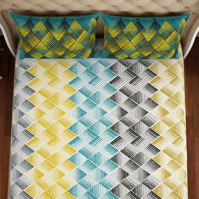 Geometric Teal - Blue 100% Cotton Double Bedsheet - Atrium By Spaces
