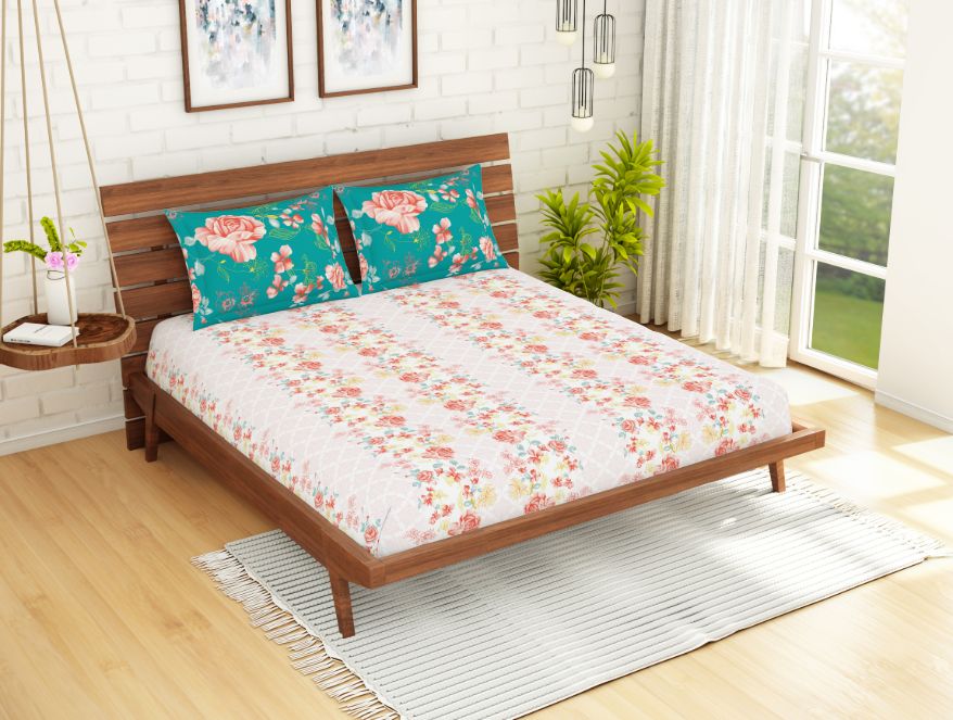 Floral Rose Quartz - Light Pink 100% Cotton Queen Fitted Sheet - Atrium By Spaces