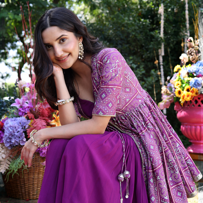 Geometric Purple Elegance Printed Satin Sharara Set