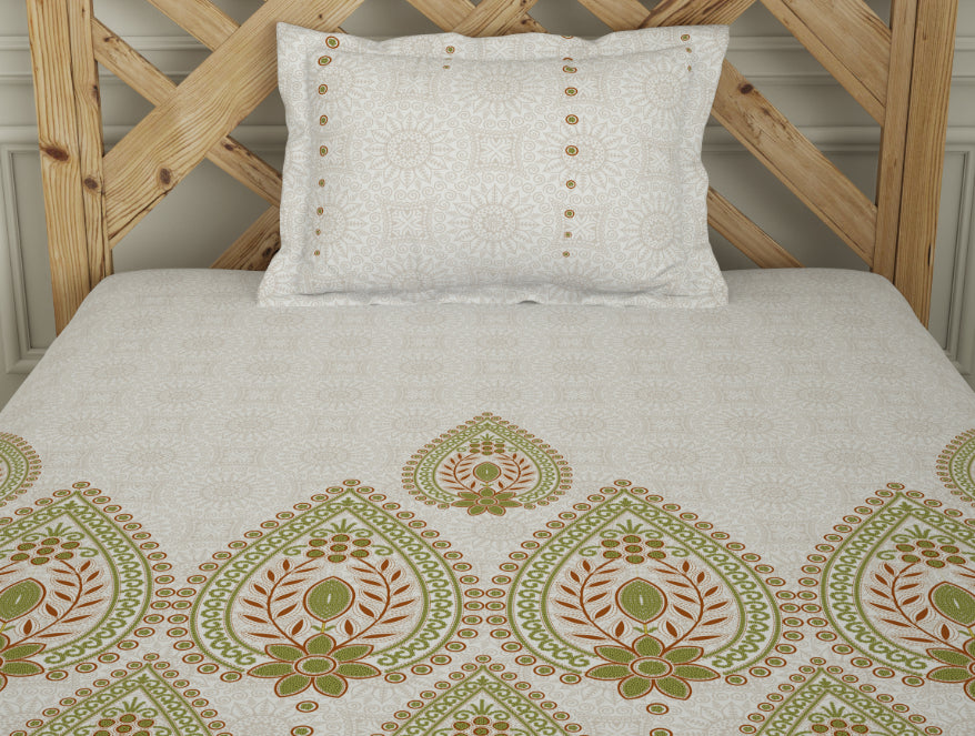 Ornate Palm - Light Green 100% Cotton Single Bedsheet - Atrium By Spaces