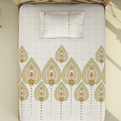 Ornate Palm - Light Green 100% Cotton Single Bedsheet - Atrium By Spaces