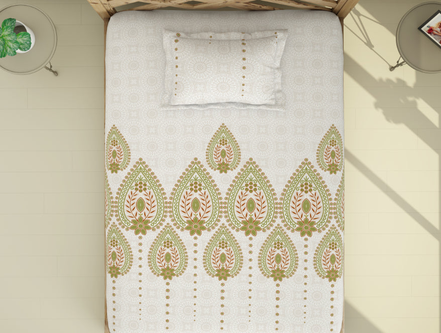 Ornate Palm - Light Green 100% Cotton Single Bedsheet - Atrium By Spaces